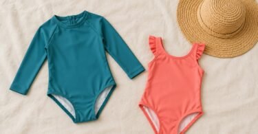 Illustrative flat lay of teal long-sleeve and coral one-piece toddler swimsuits with a straw sunhat.