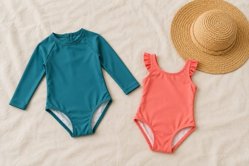Illustrative flat lay of teal long-sleeve and coral one-piece toddler swimsuits with a straw sunhat.