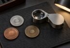 Unbranded folding loupe beside three patterned metal tokens on a charcoal mat under a desk light
