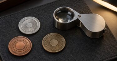 Unbranded folding loupe beside three patterned metal tokens on a charcoal mat under a desk light
