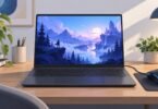 Illustration of a generic unbranded laptop showing a fantasy landscape beside a wired mouse on a desk.