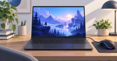 Illustration of a generic unbranded laptop showing a fantasy landscape beside a wired mouse on a desk.