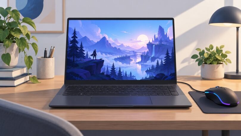 Illustration of a generic unbranded laptop showing a fantasy landscape beside a wired mouse on a desk.