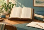 Illustration of an open four-column reference book on a reading stand beside three closed books and a blank notebook.