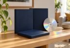 Illustrative arrangement of blank navy DVD cases and a silver disc with rainbow reflections on a wooden shelf.