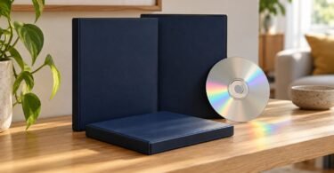 Illustrative arrangement of blank navy DVD cases and a silver disc with rainbow reflections on a wooden shelf.