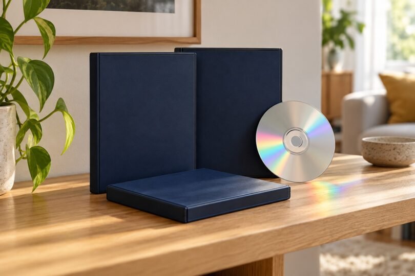 Illustrative arrangement of blank navy DVD cases and a silver disc with rainbow reflections on a wooden shelf.