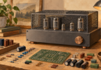 Illustration of a generic tube amplifier and loose electronic components on a workshop table