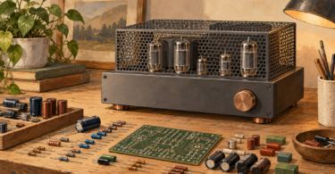 Illustration of a generic tube amplifier and loose electronic components on a workshop table