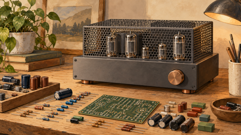 Illustration of a generic tube amplifier and loose electronic components on a workshop table