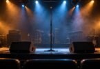 Illustrative empty concert stage with a microphone, instruments and blue and amber lighting