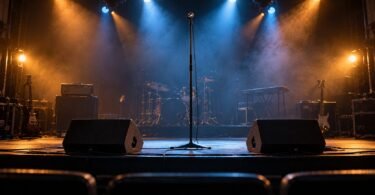 Illustrative empty concert stage with a microphone, instruments and blue and amber lighting