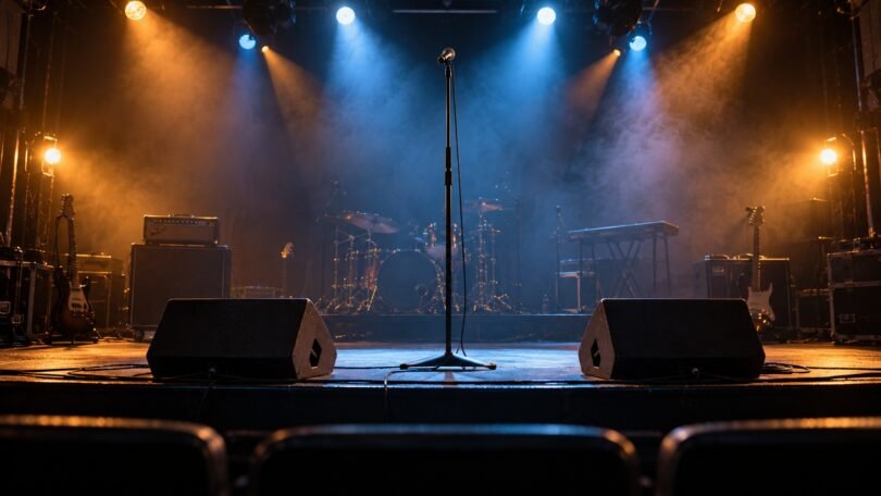 Illustrative empty concert stage with a microphone, instruments and blue and amber lighting
