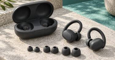 Generic dark sport earbuds with ear hooks, an open charging case and three pairs of silicone tips on a stone surface.