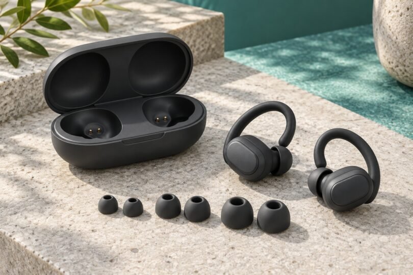 Generic dark sport earbuds with ear hooks, an open charging case and three pairs of silicone tips on a stone surface.