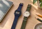 Illustration of a navy digital watch and an olive-strap analog watch beside a notebook and pencils on a wooden desk