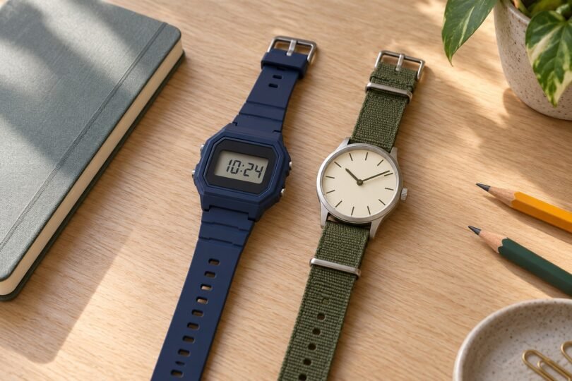 Illustration of a navy digital watch and an olive-strap analog watch beside a notebook and pencils on a wooden desk