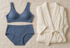 Illustration of opaque slate-blue adult bralette and full-rise briefs beside a folded cream robe on linen