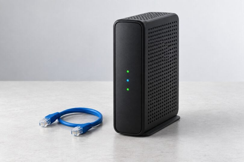 Unbranded black cable internet gateway beside a blue Ethernet cable on a pale tabletop