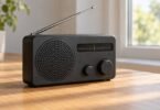 Illustrative unbranded portable radio on a wooden table beside a window