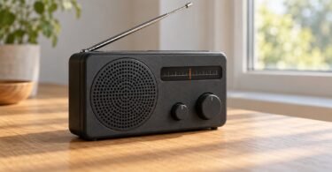 Illustrative unbranded portable radio on a wooden table beside a window