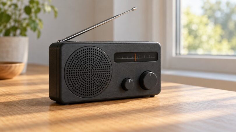 Illustrative unbranded portable radio on a wooden table beside a window
