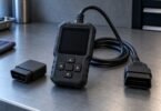 Illustration of generic handheld and wireless diagnostic scanners with a blank display on a workshop bench
