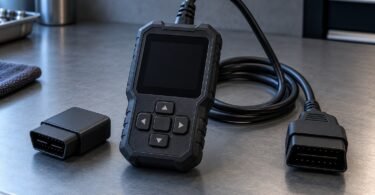 Illustration of generic handheld and wireless diagnostic scanners with a blank display on a workshop bench
