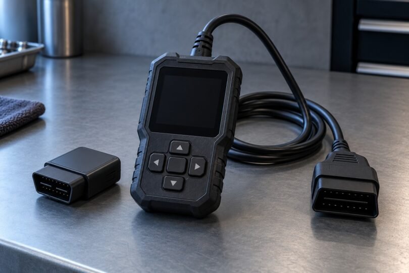 Illustration of generic handheld and wireless diagnostic scanners with a blank display on a workshop bench