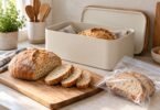 An open cream bread box beside sliced bread on a wooden board and a clear bag of bread slices on a kitchen counter.