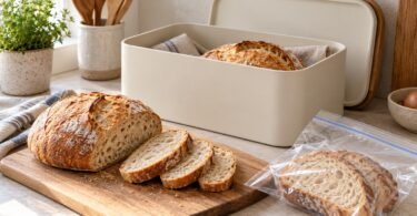 An open cream bread box beside sliced bread on a wooden board and a clear bag of bread slices on a kitchen counter.