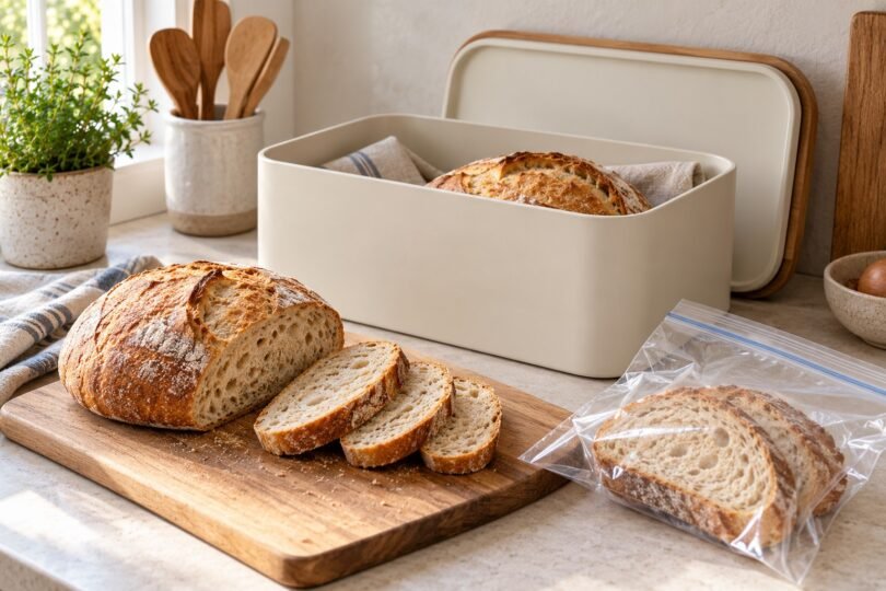 An open cream bread box beside sliced bread on a wooden board and a clear bag of bread slices on a kitchen counter.