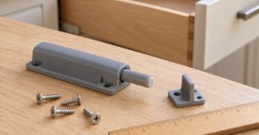 Illustrative arrangement of an unbranded drawer damper, catch and screws beside a wooden drawer.