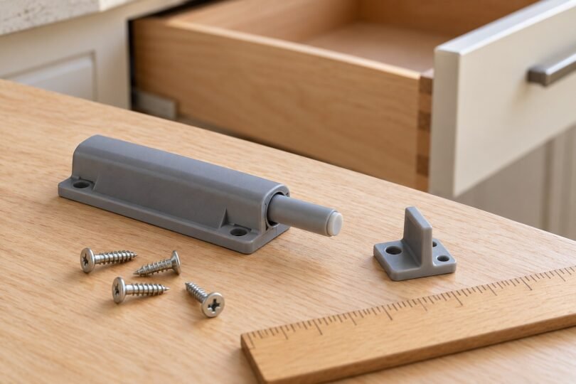 Illustrative arrangement of an unbranded drawer damper, catch and screws beside a wooden drawer.