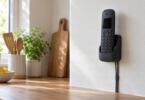 Illustration of unbranded cordless telephone in a wall-mounted base beside a kitchen counter