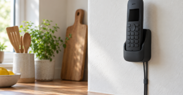 Illustration of unbranded cordless telephone in a wall-mounted base beside a kitchen counter