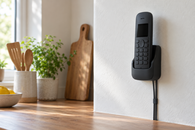 Illustration of unbranded cordless telephone in a wall-mounted base beside a kitchen counter