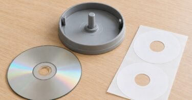 Gray disc-label centering tool beside a silver optical disc and two blank ring-shaped labels on a wooden desk