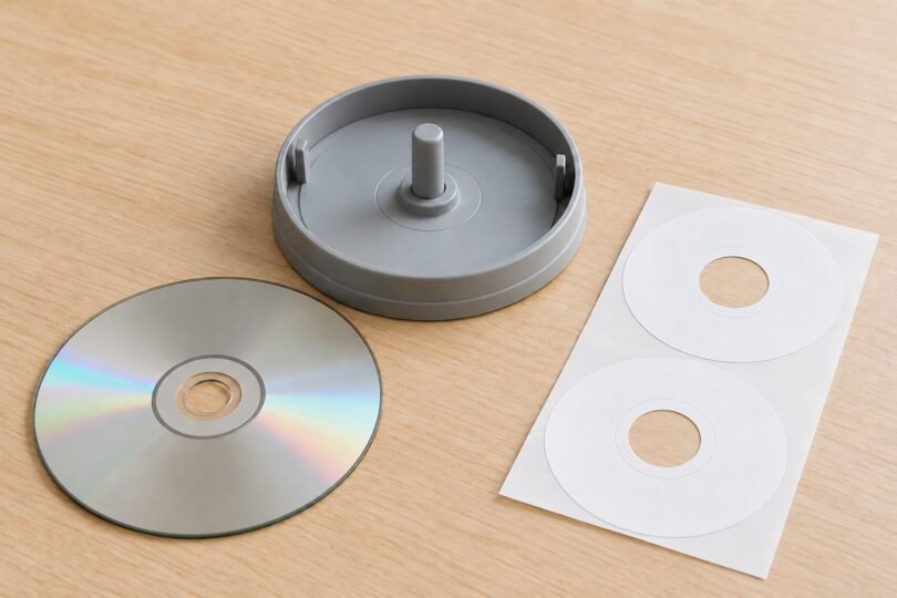 Gray disc-label centering tool beside a silver optical disc and two blank ring-shaped labels on a wooden desk