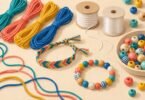 Illustration of colorful craft cord, spools, beads and two handmade bracelets.