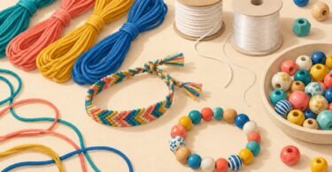 Illustration of colorful craft cord, spools, beads and two handmade bracelets.