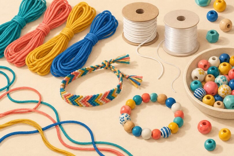 Illustration of colorful craft cord, spools, beads and two handmade bracelets.