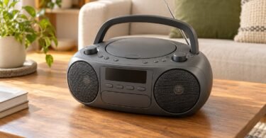 Illustration of generic unbranded portable radio CD player with a carry handle on a wooden table