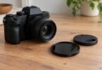 Black camera, detached dark circular filter and lens cap on a wooden table