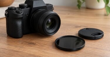 Black camera, detached dark circular filter and lens cap on a wooden table