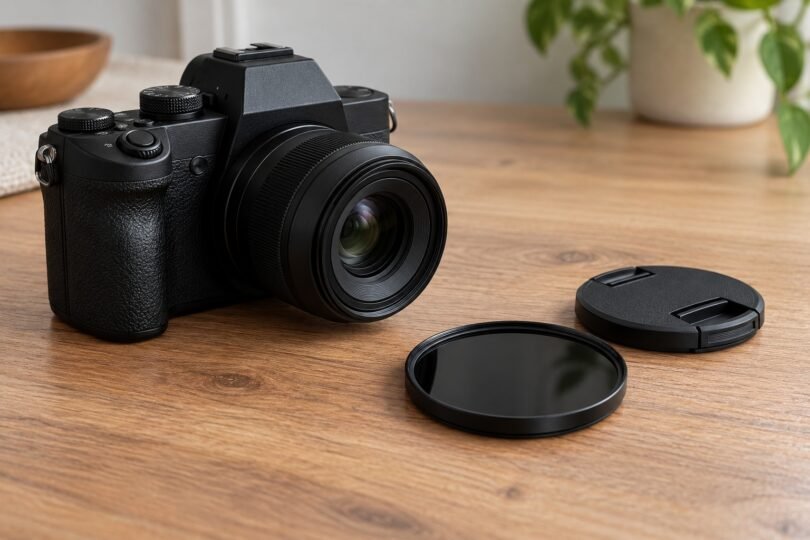 Black camera, detached dark circular filter and lens cap on a wooden table