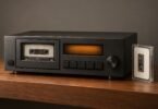 An unbranded cassette deck with a blank cassette beside it on a walnut shelf