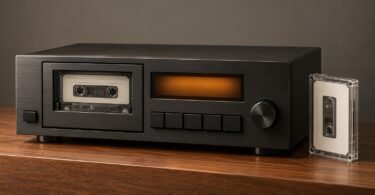 An unbranded cassette deck with a blank cassette beside it on a walnut shelf