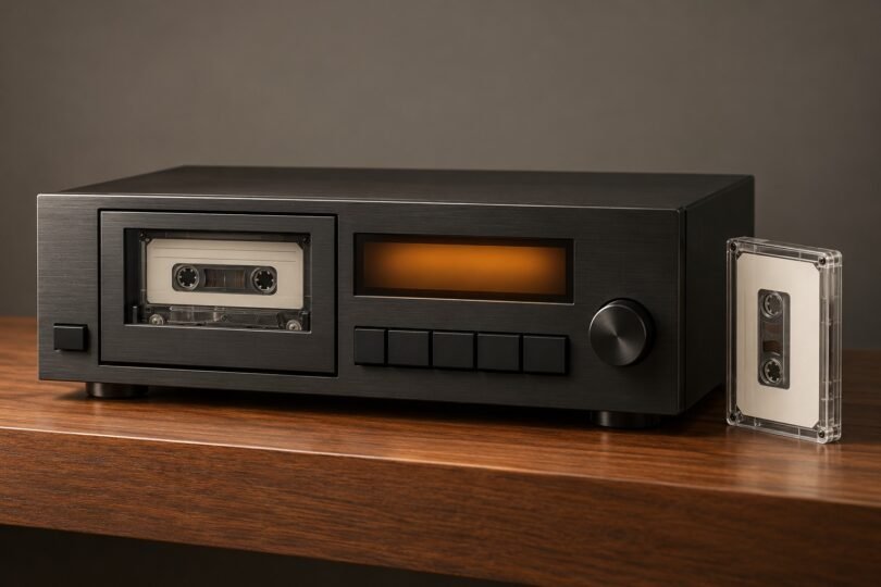 An unbranded cassette deck with a blank cassette beside it on a walnut shelf