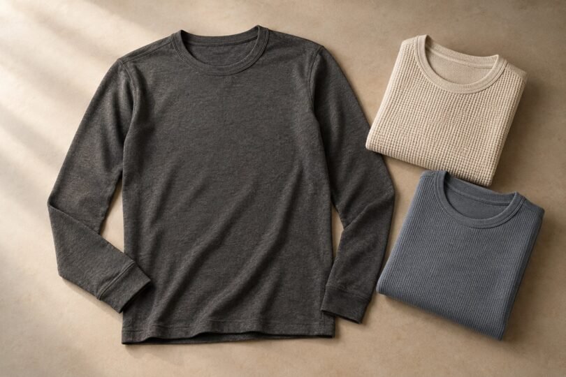 A charcoal long-sleeve crewneck top beside folded oatmeal and slate thermal tops on a neutral surface.